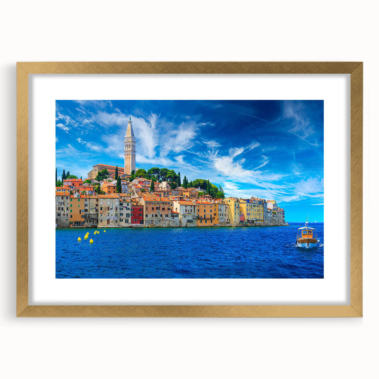 Abstract art print of European Croatian scenery in muted earth tones on a framed canvas, suitable for dining room decor.
