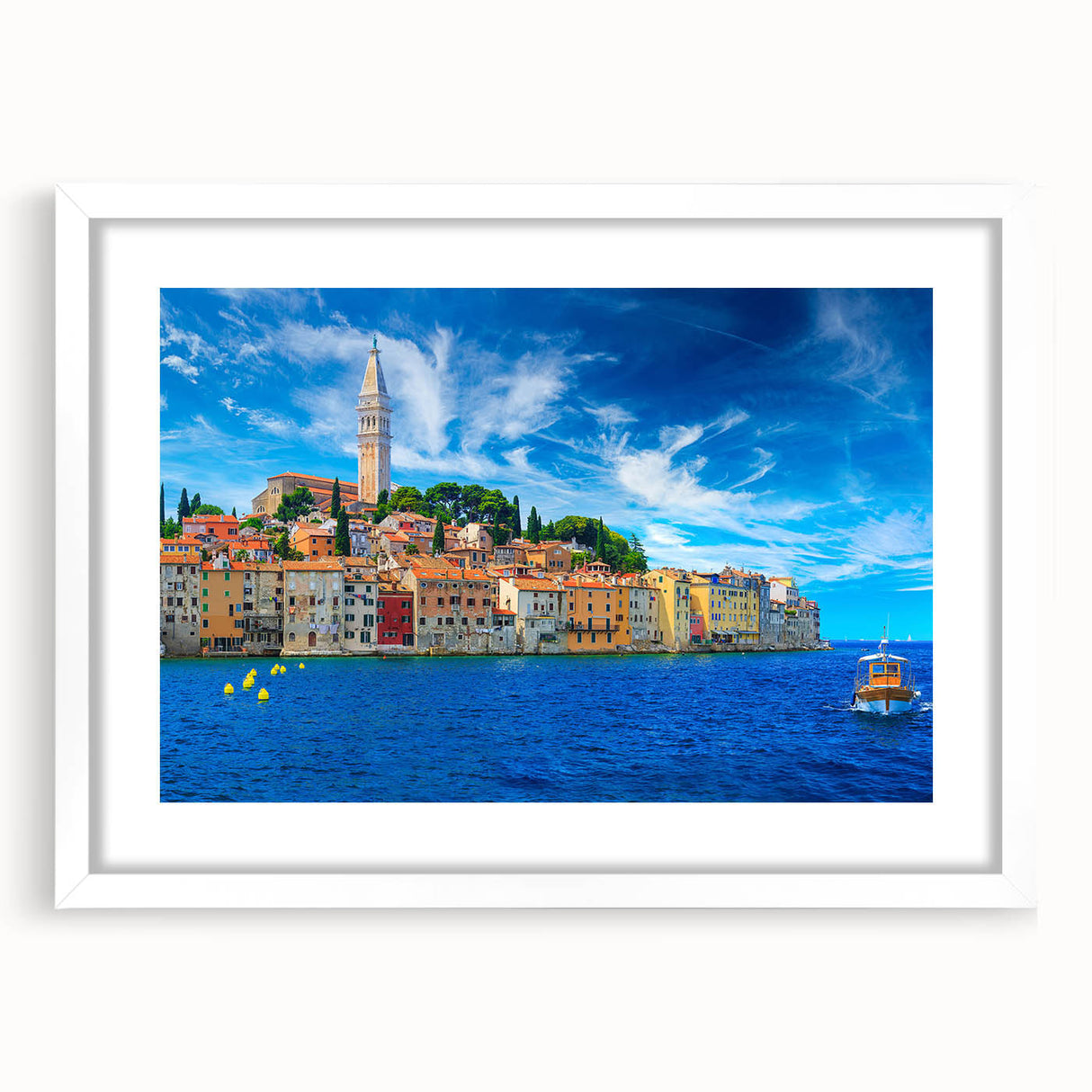 Textured abstract art print of a Croatian landscape in muted earth tones on a framed white mat, suitable for bedroom decor.