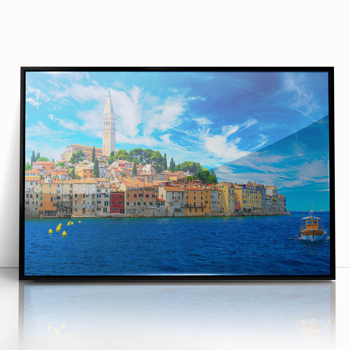 Large abstract wall art depicting a Croatian coastal scene in muted blue tones on a framed acrylic.