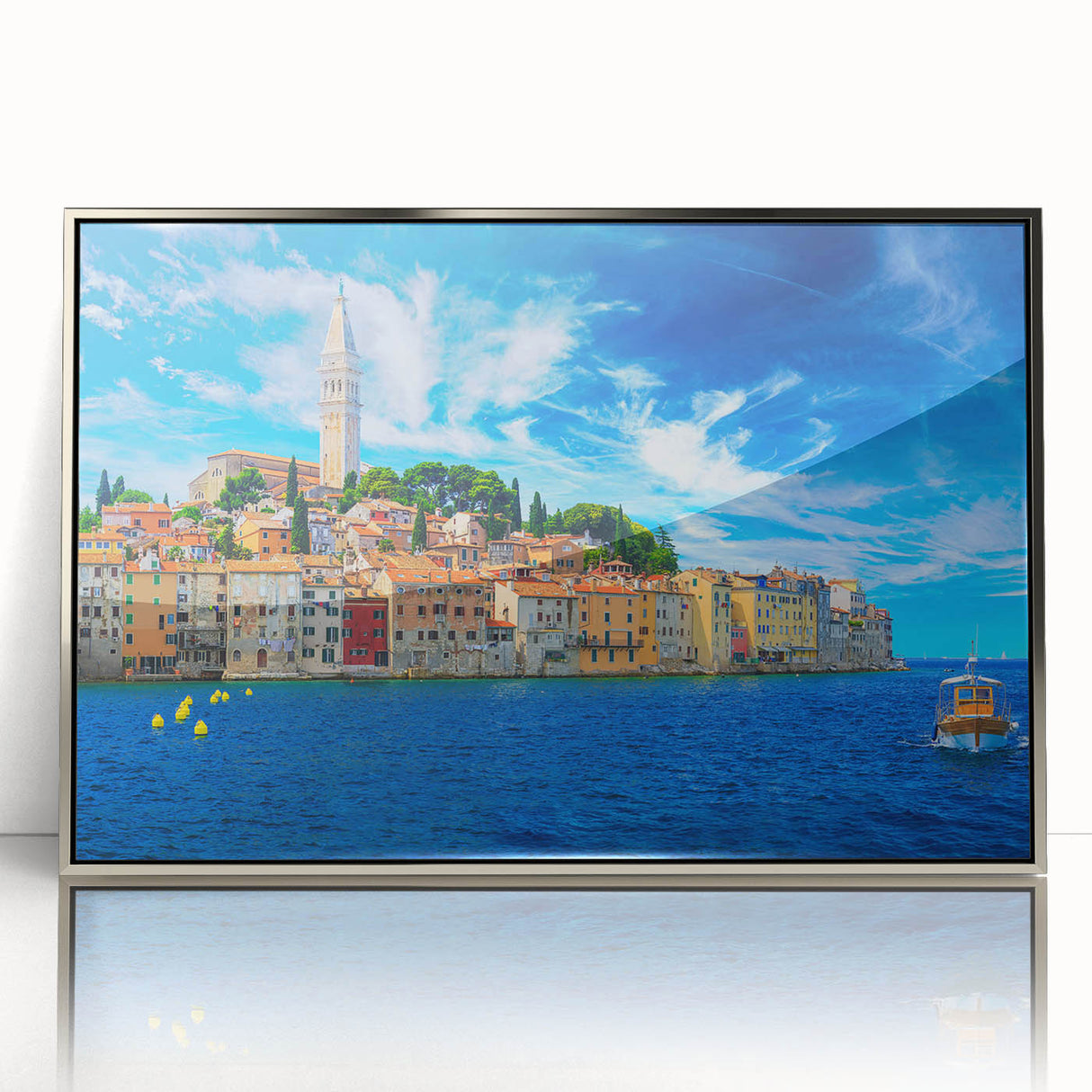 Large art print of a Croatian landscape in muted earth tones, framed in silver acrylic, suitable for modern art wall decor.