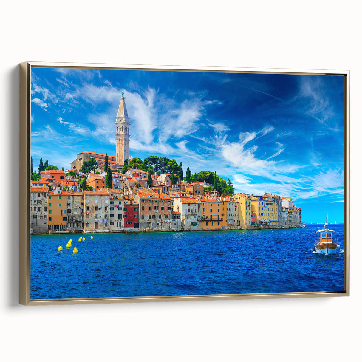 Framed canvas depicting a vintage-style Croatian landscape in muted earth tones, ideal for bedroom wall art.