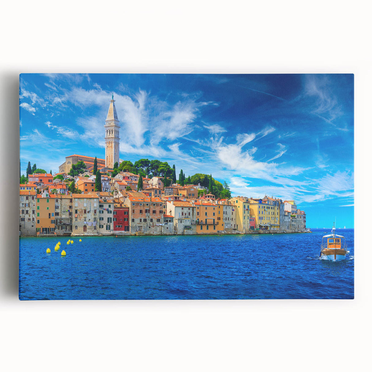 Black and white photo of a Croatian coastal town on stretched canvas, ideal for kitchen wall art.