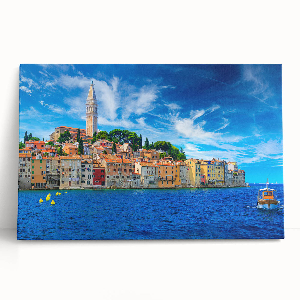 Black and white photograph of a European coastal town on stretched canvas, ideal for kitchen wall art.