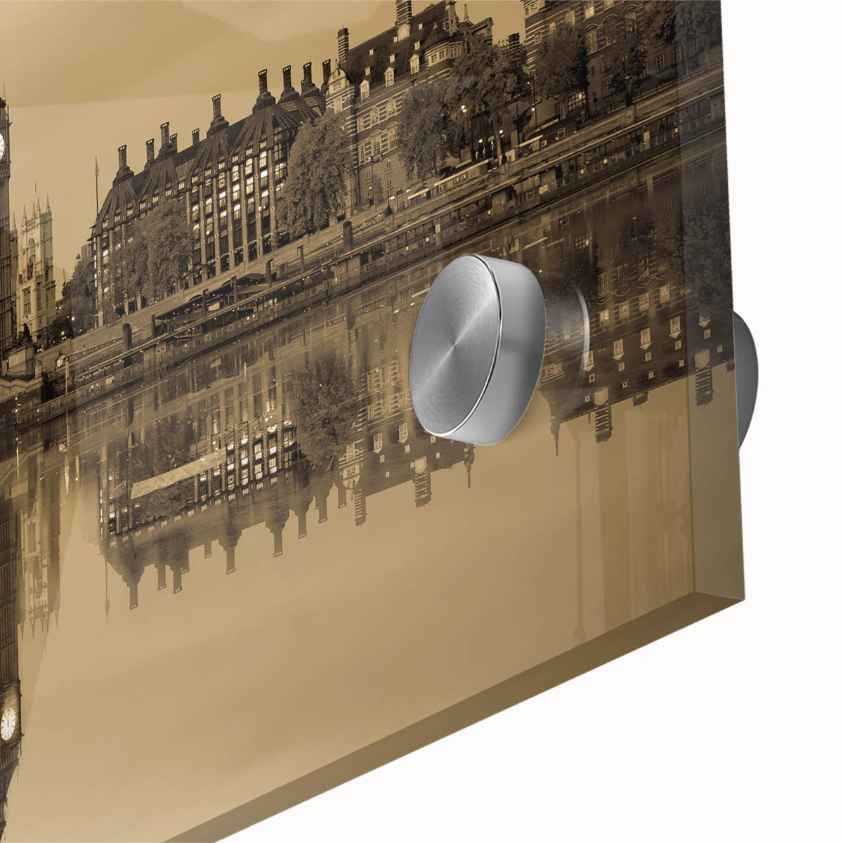 Large abstract depiction of London on acrylic glass in muted gray and blue tones, ideal for dining room art.