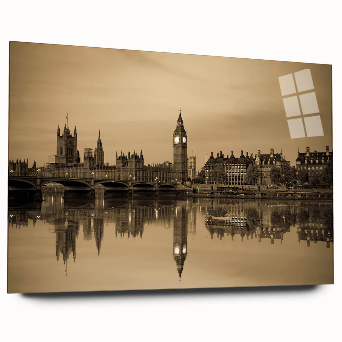 Large abstract depiction of the London skyline in muted gray and blue tones on acrylic glass.