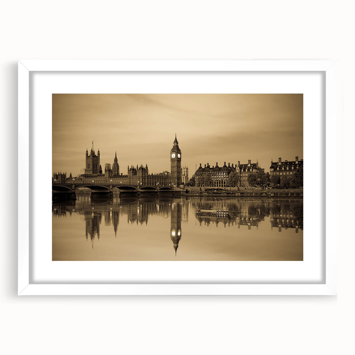 Textured art depicting an abstract London skyline in muted gray and blue tones on a framed white mat, ideal for bedroom art.