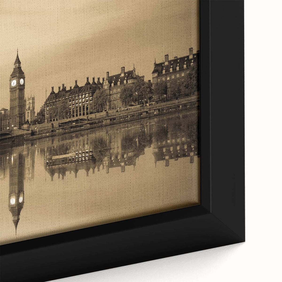 Framed canvas depicting a textured, colorful London skyline on a black background, suited for extra large living room decor.