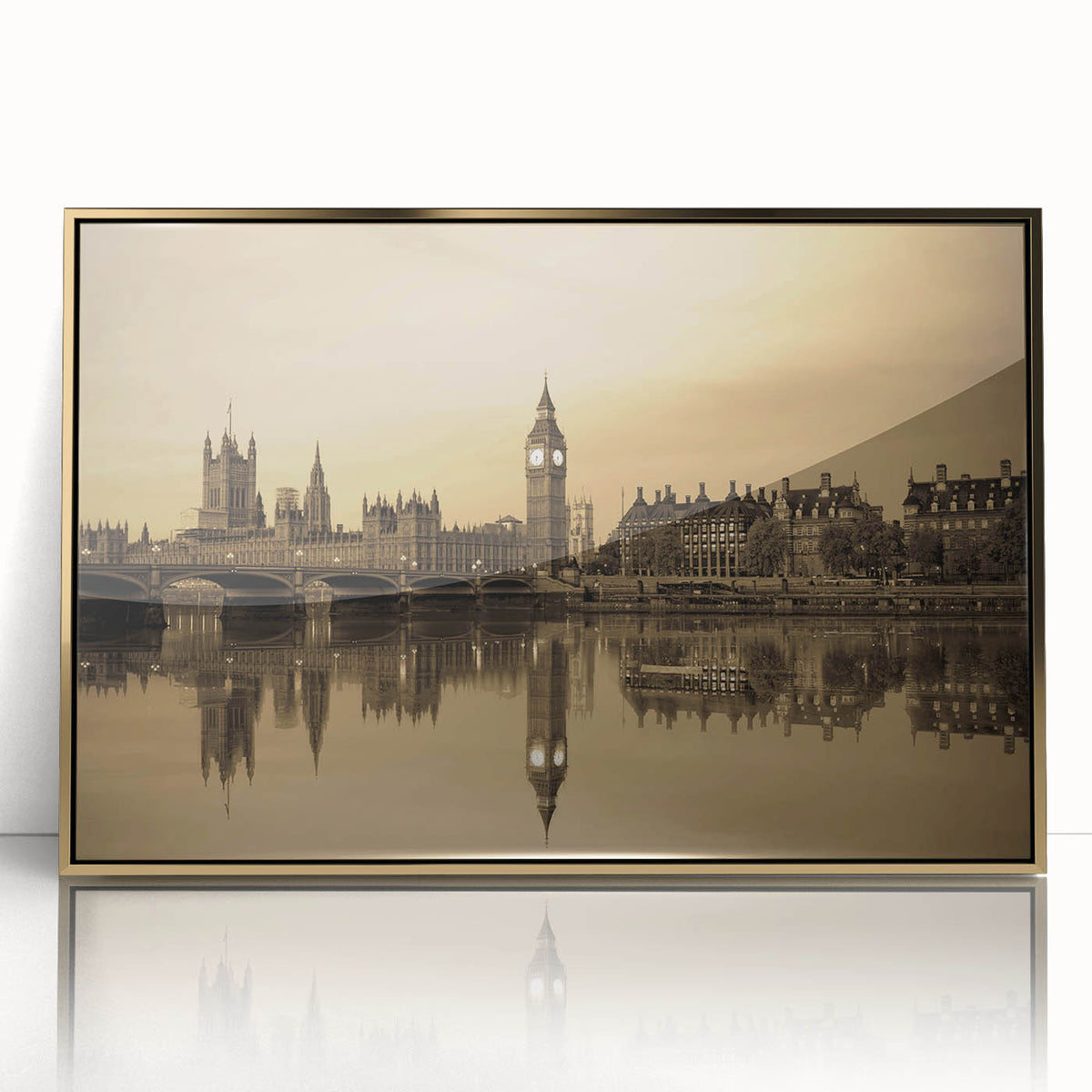 Acrylic print of a mid-century modernist London skyline in muted gold tones, ideal for modern art wall decor.