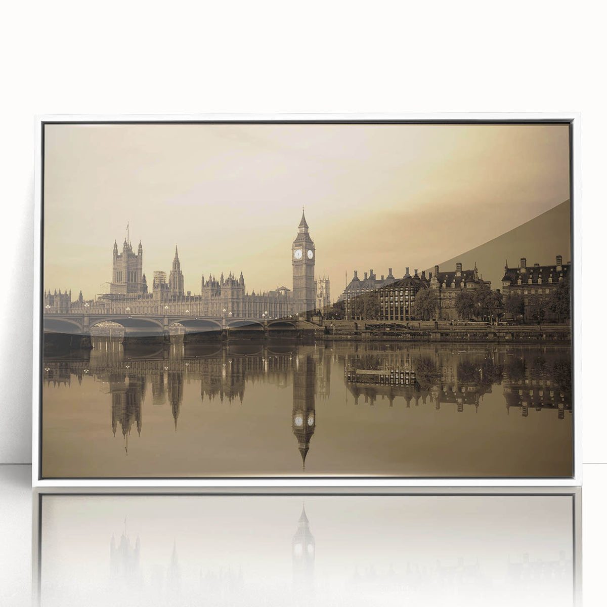 Art deco poster of London skyline in muted gray and blue tones on white framed acrylic, ideal for modern nursery wall art.