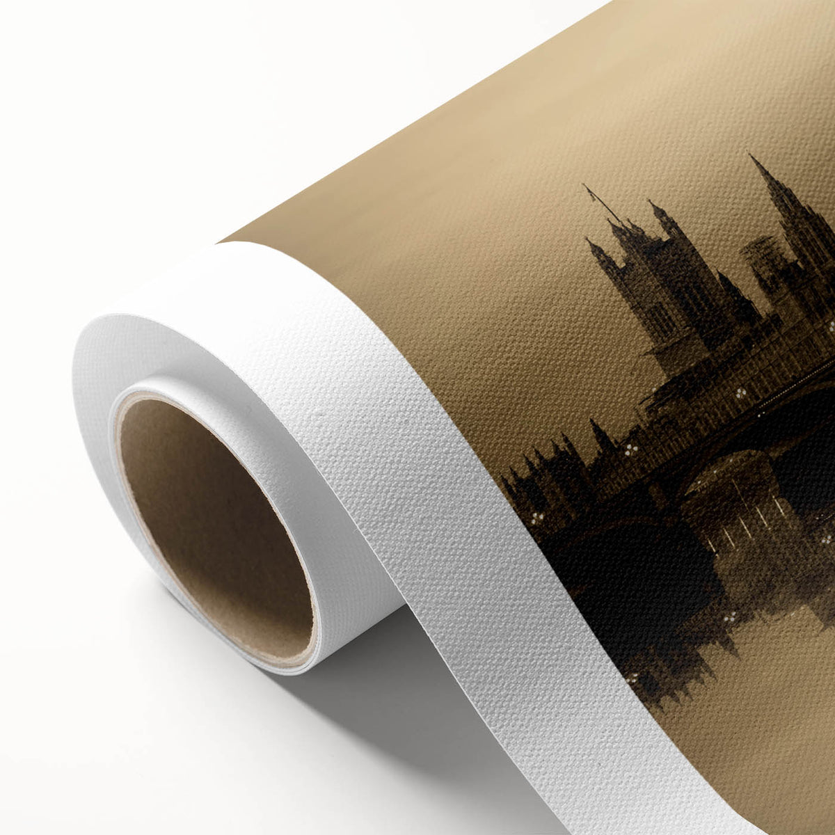 Art Deco poster of London skyline in muted gray and blue tones on rolled canvas, ideal for nursery wall art or dining room.