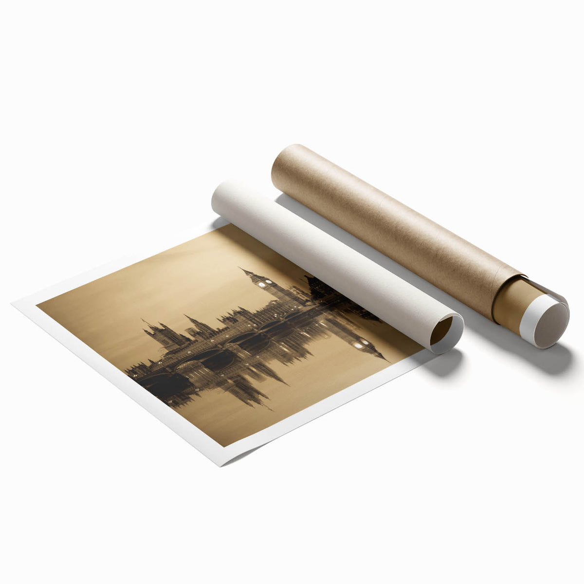 Extra large rolled print of a London cityscape with muted gray and blue tones, ideal for classy bathroom wall art.