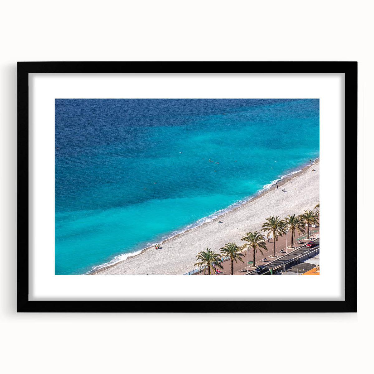 Extra large abstract art print of a vibrant, colorful European scenery in a black frame, ideal for living room decor.