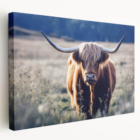 Large art depicting a serene Scottish landscape on stretched canvas, with muted greens and blues.