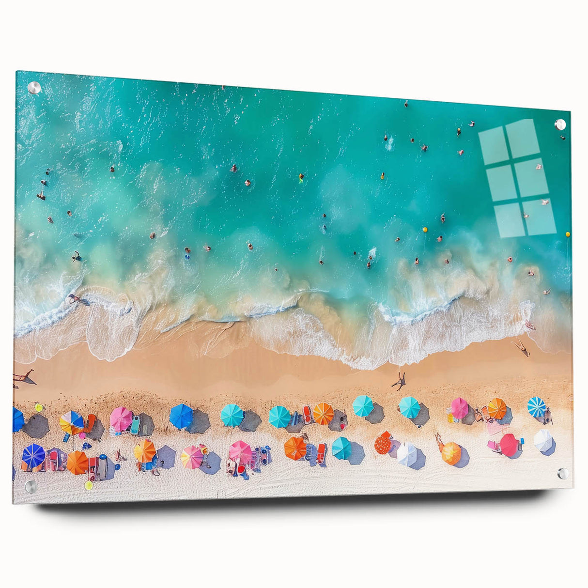 Large abstract wall art depicting a Cancun scenery in vibrant blue and green hues on acrylic glass.