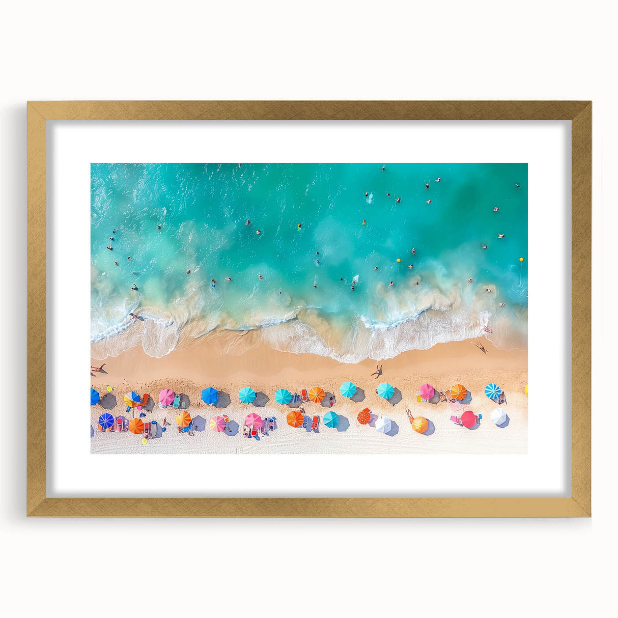 Extra large abstract art print of Cancun scenery in muted blue and green tones on a textured canvas, framed in gold.