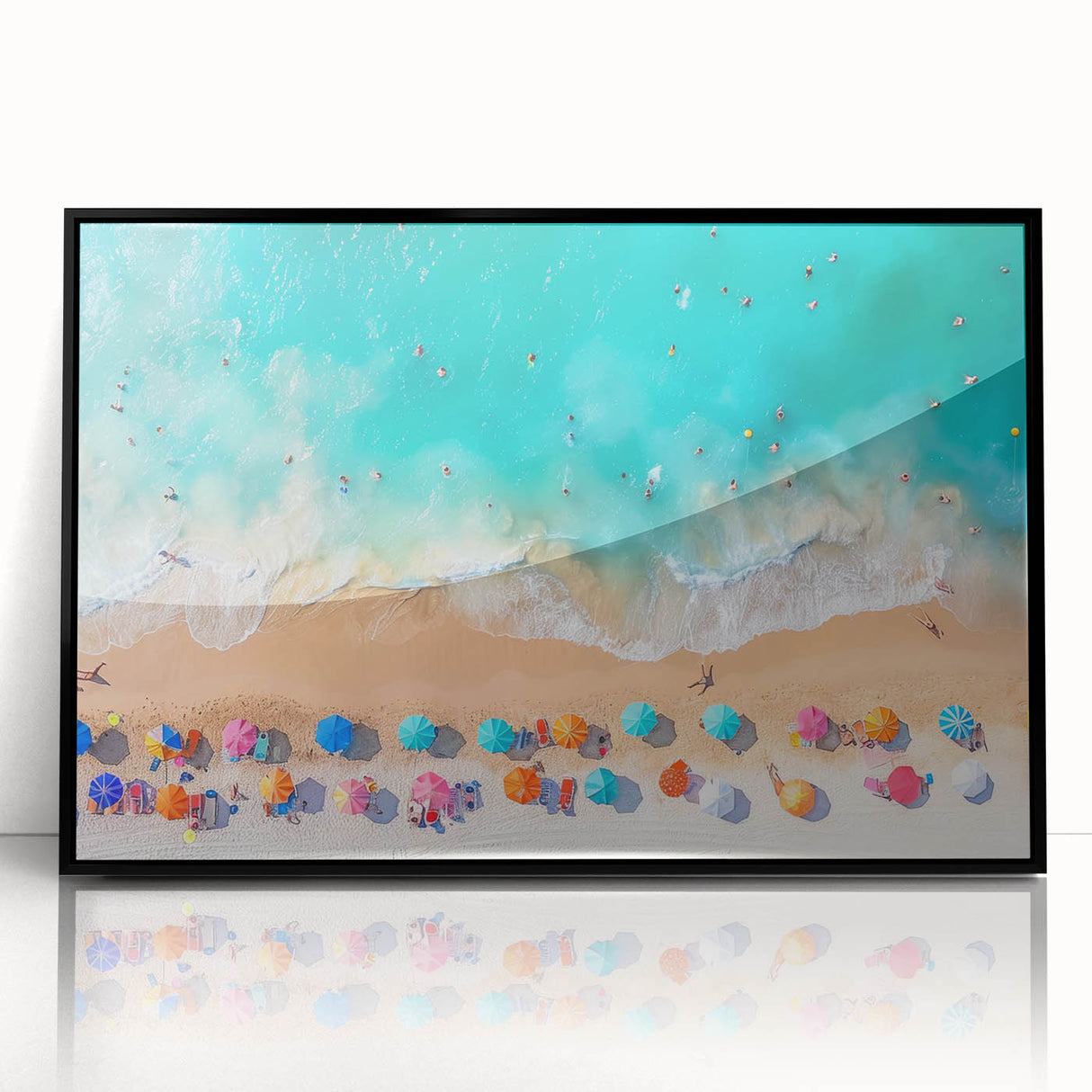 Large abstract wall art depicting a Cancun scenery in muted blue and green tones, framed in black acrylic.
