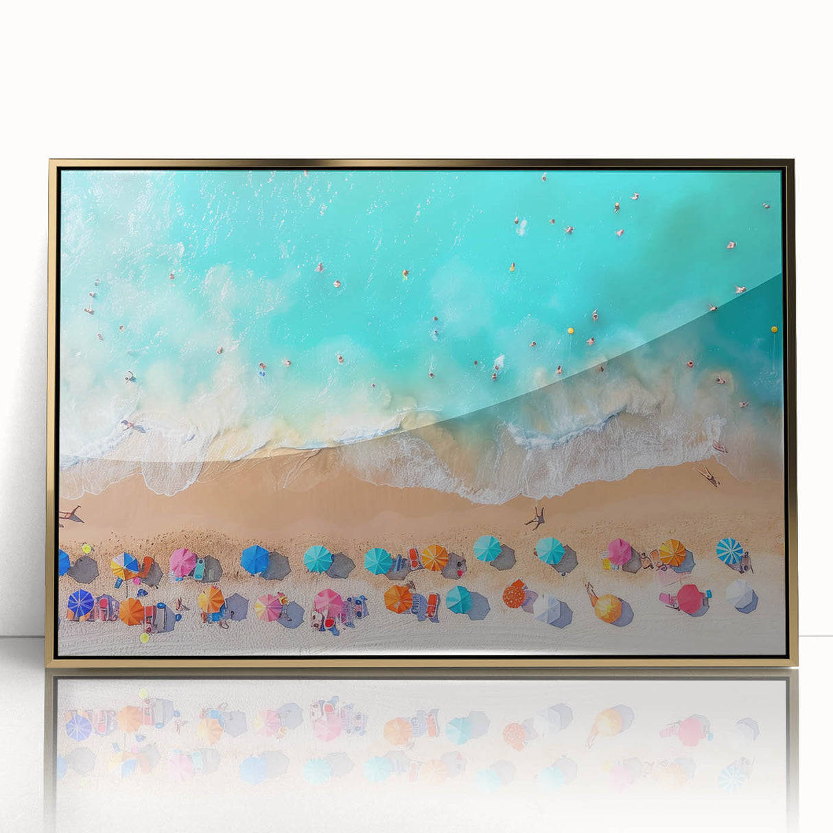 Acrylic print of Cancun scenery with gold frame, featuring vibrant oceanic and sky blues, ideal for modern art wall decor.