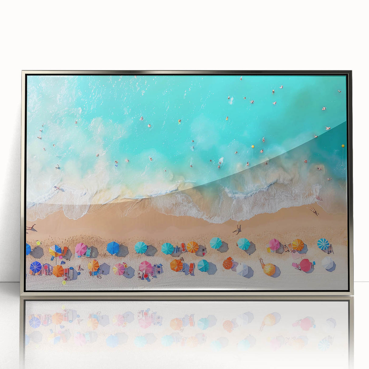 Mid-century modernist art of Cancun scenery on a silver-framed acrylic print, suited for modern art wall decor.