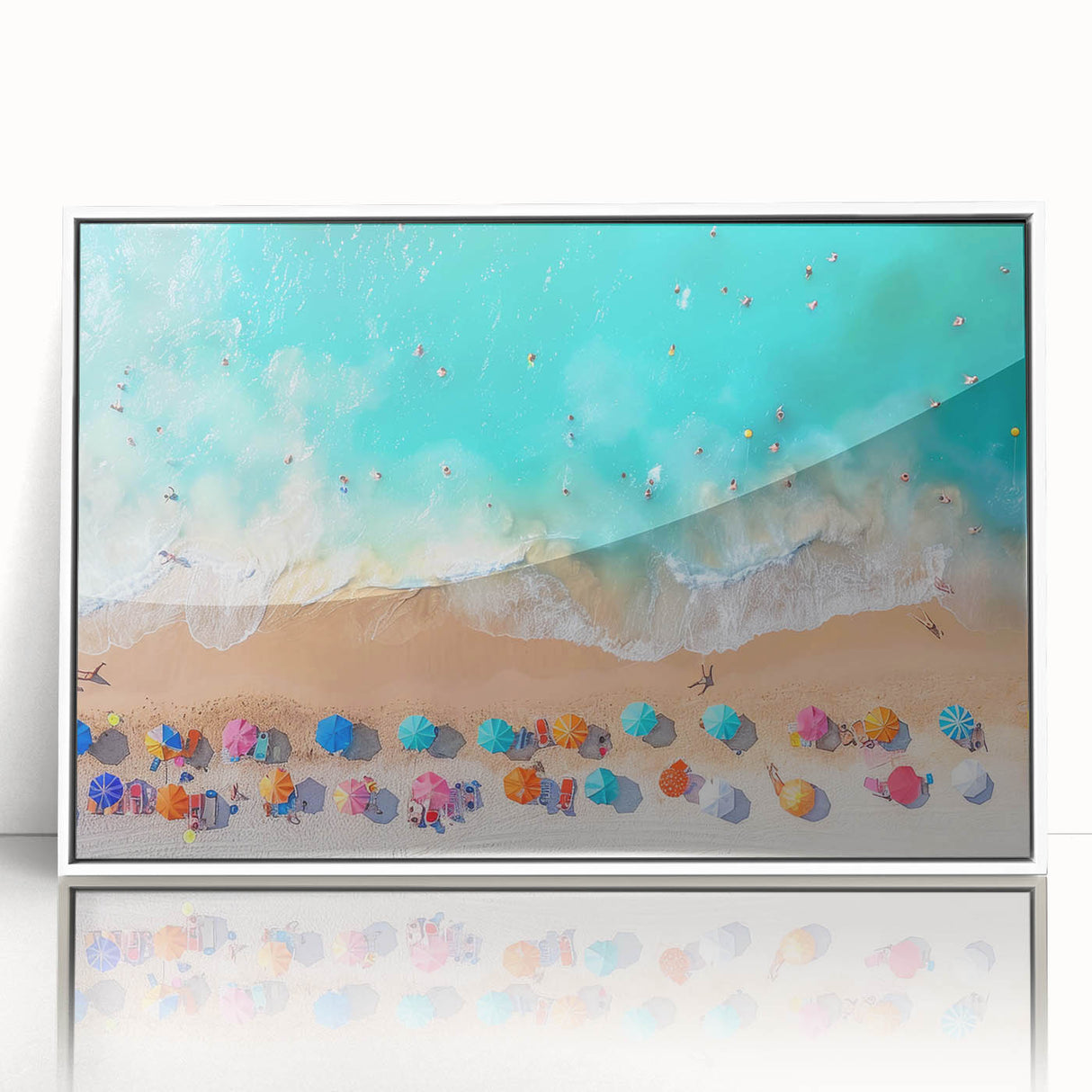 Art deco poster of Cancun scenery with muted blue and green tones on framed acrylic, ideal for modern art wall decor.