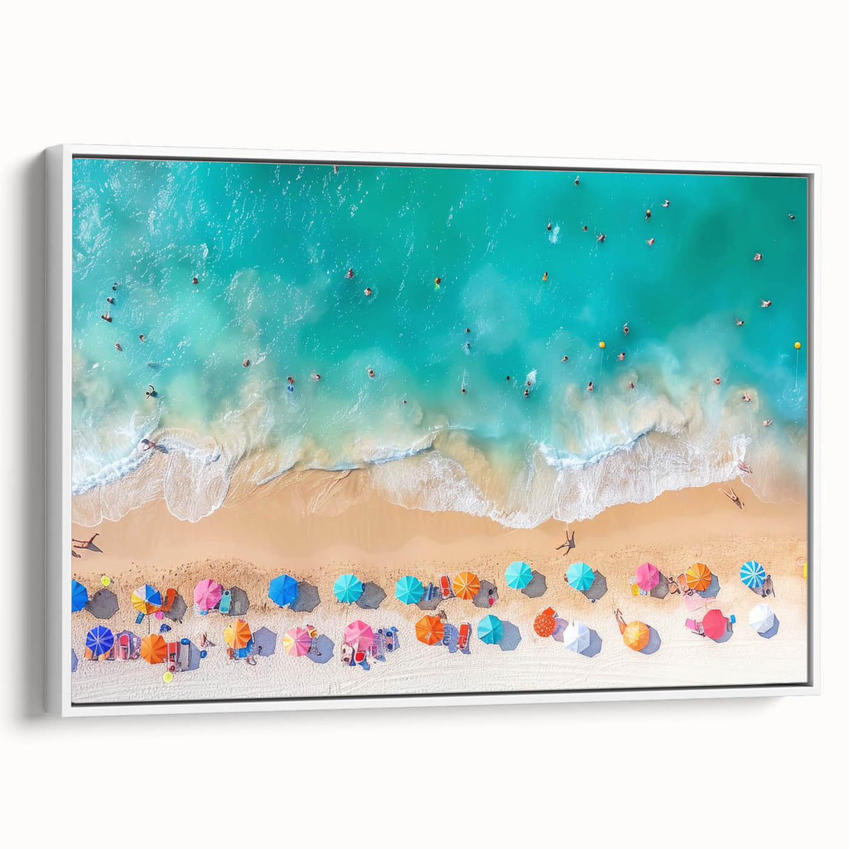 Vintage poster art of Cancun scenery on framed canvas, featuring colorful art and black accents.