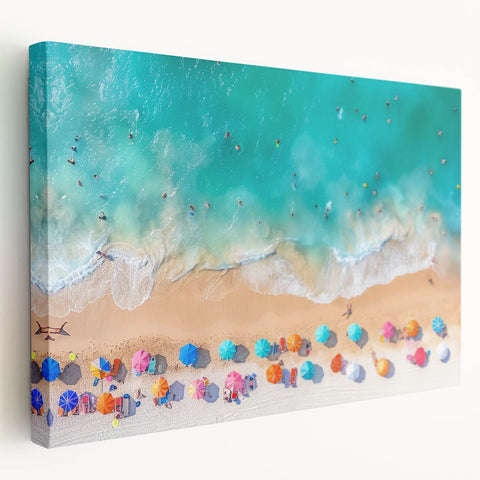 Large stretched canvas depicting a scenic Cancun landscape with vibrant blues and greens, ideal for kitchen wall art.