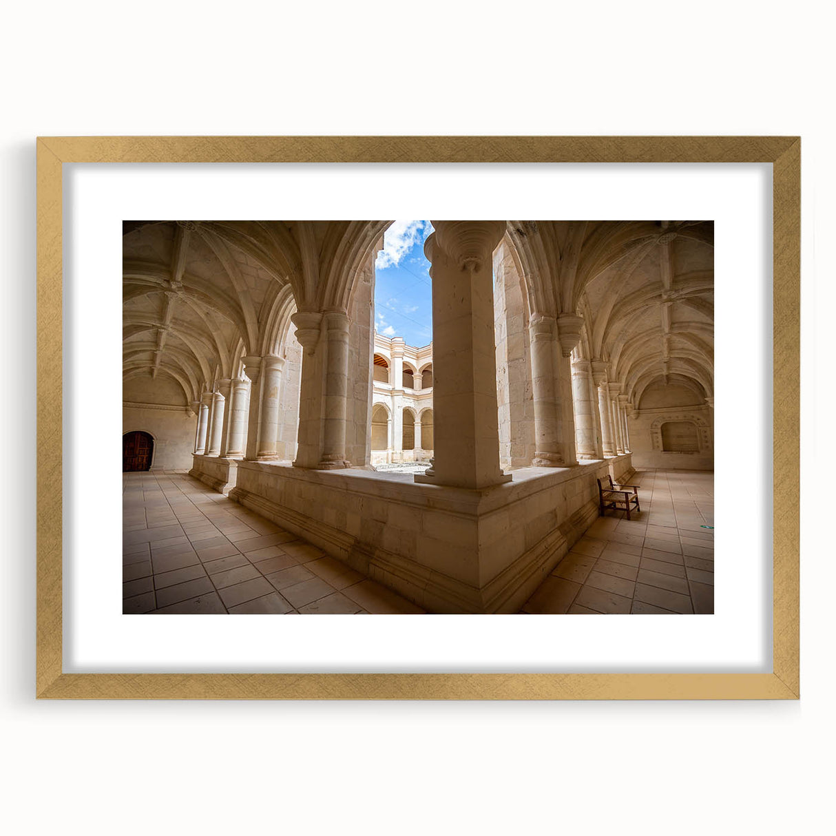 Extra large abstract art print of Oaxaca scenery in textured style, with muted earth tones, framed in gold.