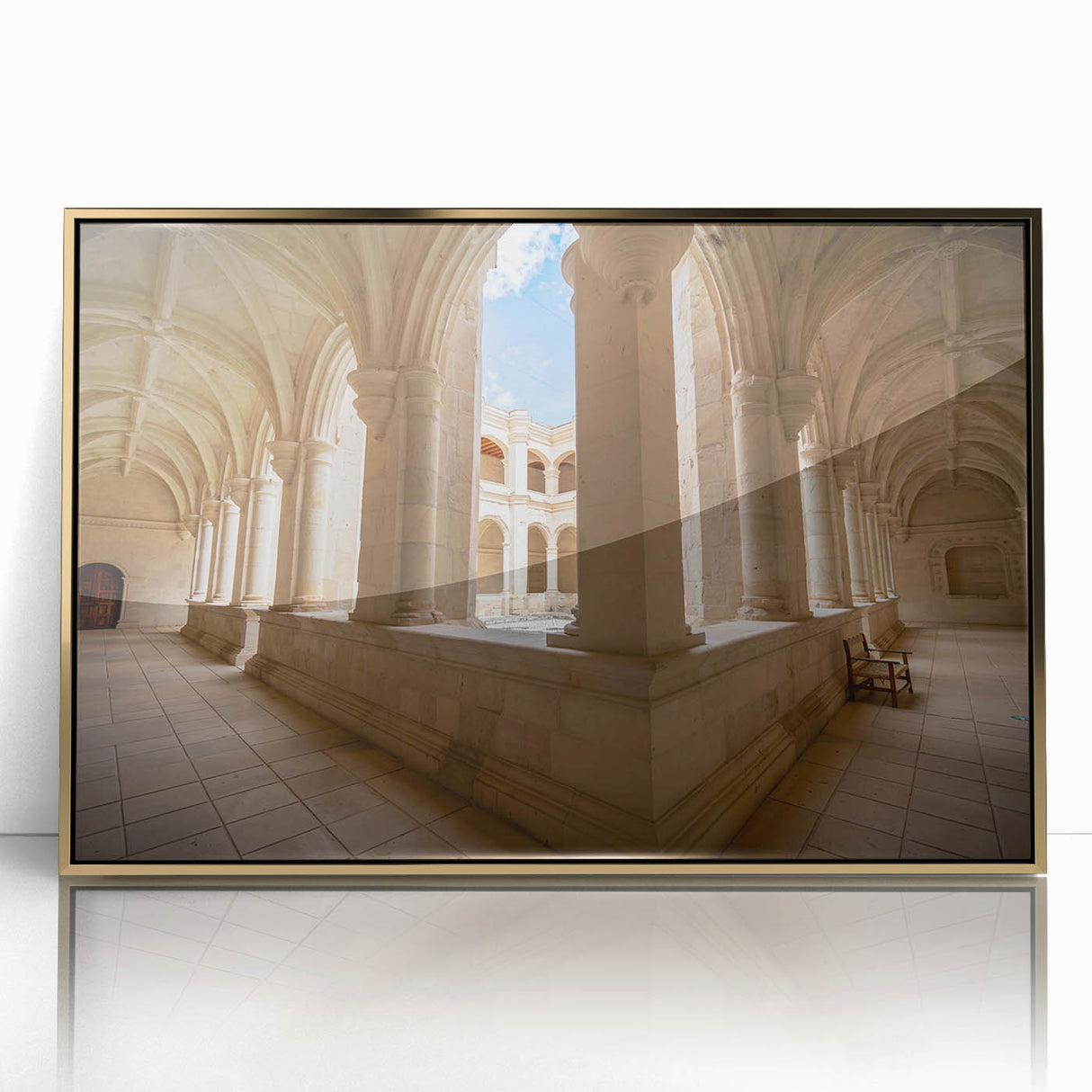 Framed acrylic print of a mid-century modernist Oaxaca scenery in gold tones, ideal for modern art wall decor.