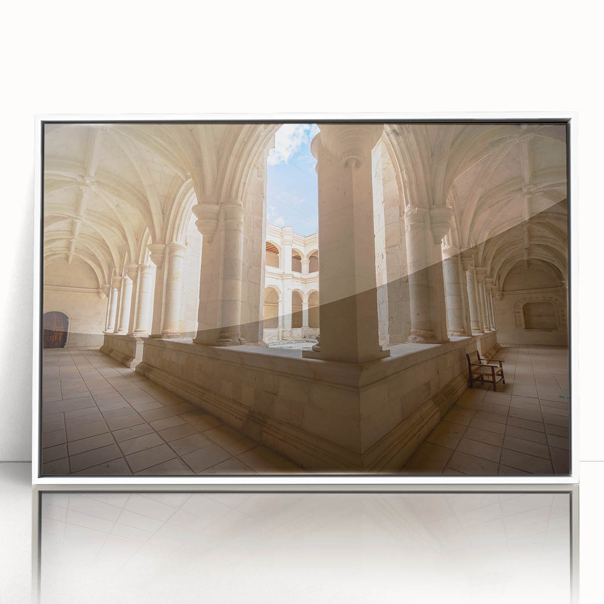 Art deco poster of Oaxaca scenery in muted colors on white framed acrylic, suitable for modern nursery wall art.