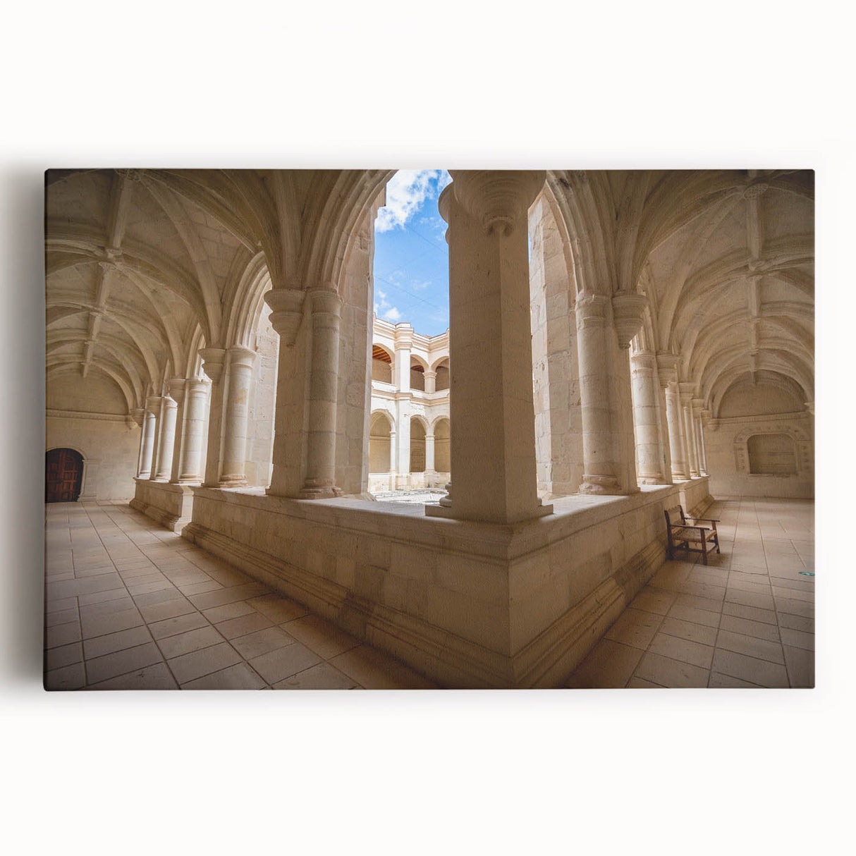 Black and white stretched canvas featuring a large street scene in Oaxaca, Mexico, ideal for kitchen wall art.