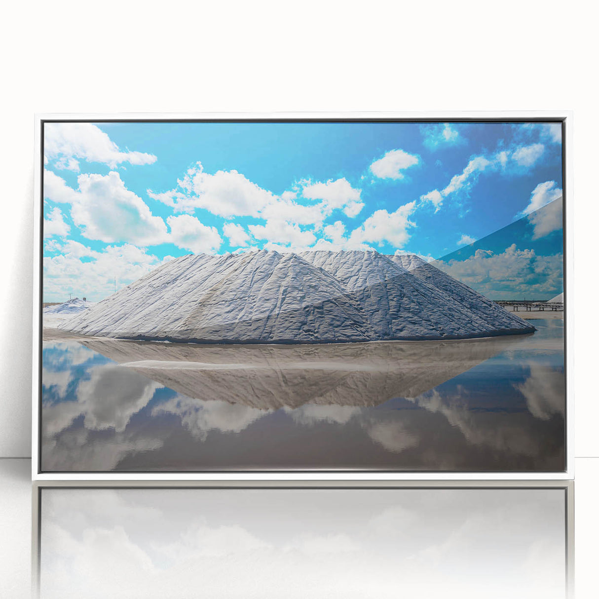 Acrylic print of Yucatan scenery in art deco style with white frame, featuring light and dark blue tones.