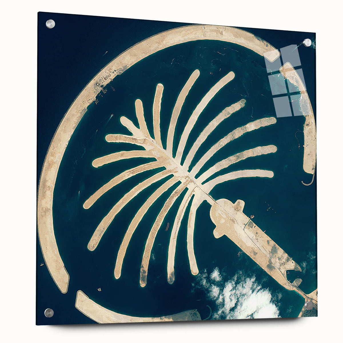 Acrylic glass print of Dubai skyline in muted earth tones, suitable for bedroom or dining room decor.