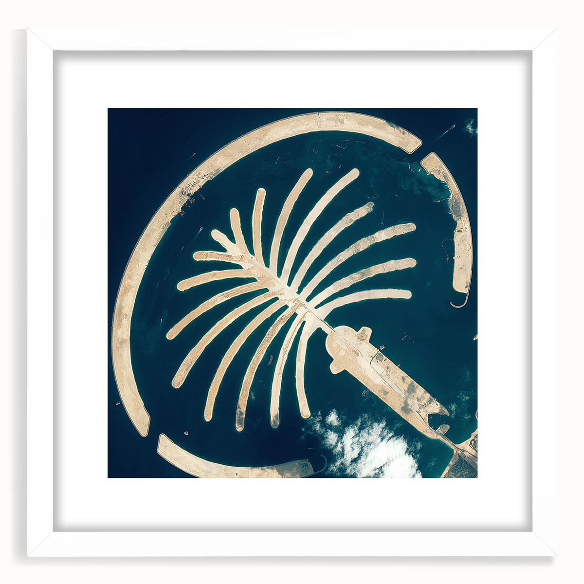 Abstract art print of Dubai skyline in muted gray and blue tones, framed with a white mat, ideal for dining room decor.