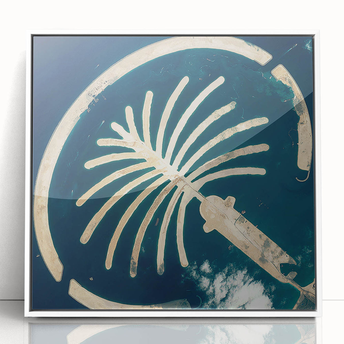 Art deco poster of Dubai skyline in muted gold and blue tones on a white framed acrylic, suitable for modern art wall decor.