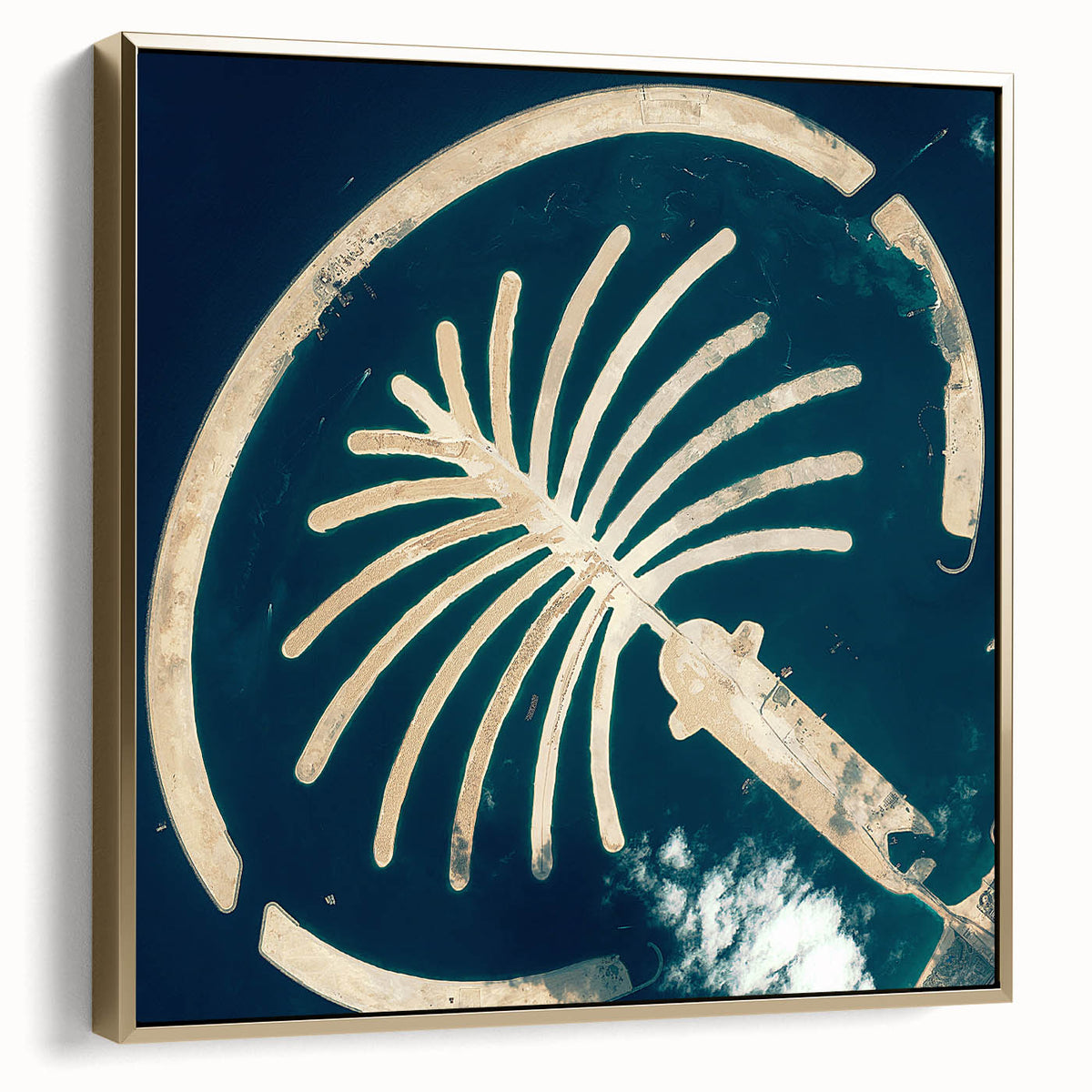Framed canvas wall art depicting a vintage-style Dubai landscape in silver and gold tones, ideal for bedroom decor.