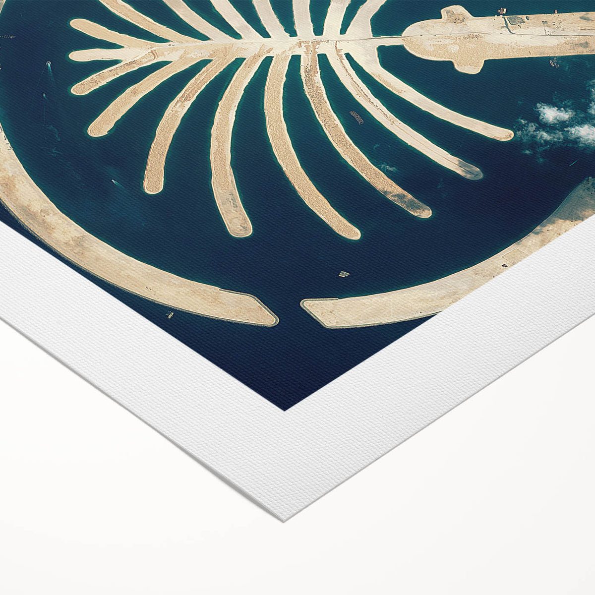 Art deco poster of Dubai skyline in muted metallic tones on a rolled canvas, ideal for dining room wall art.