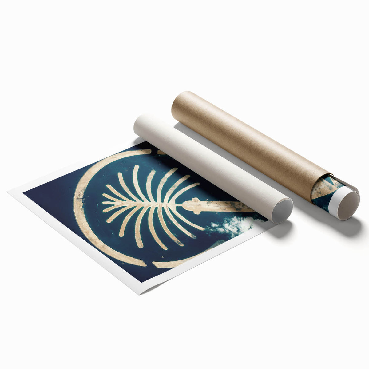 Extra large rolled print of Dubai skyline in muted earth tones, ideal for classy bathroom wall art.
