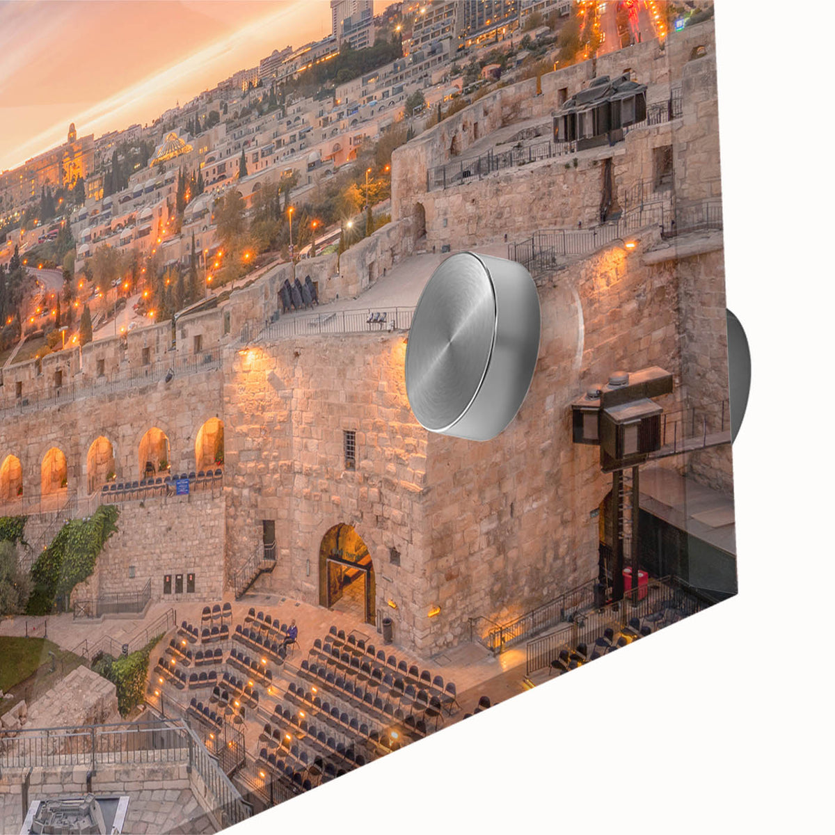 Mid-century modernist abstract depiction of Jerusalem in muted earth tones on acrylic glass, ideal for dining room art.