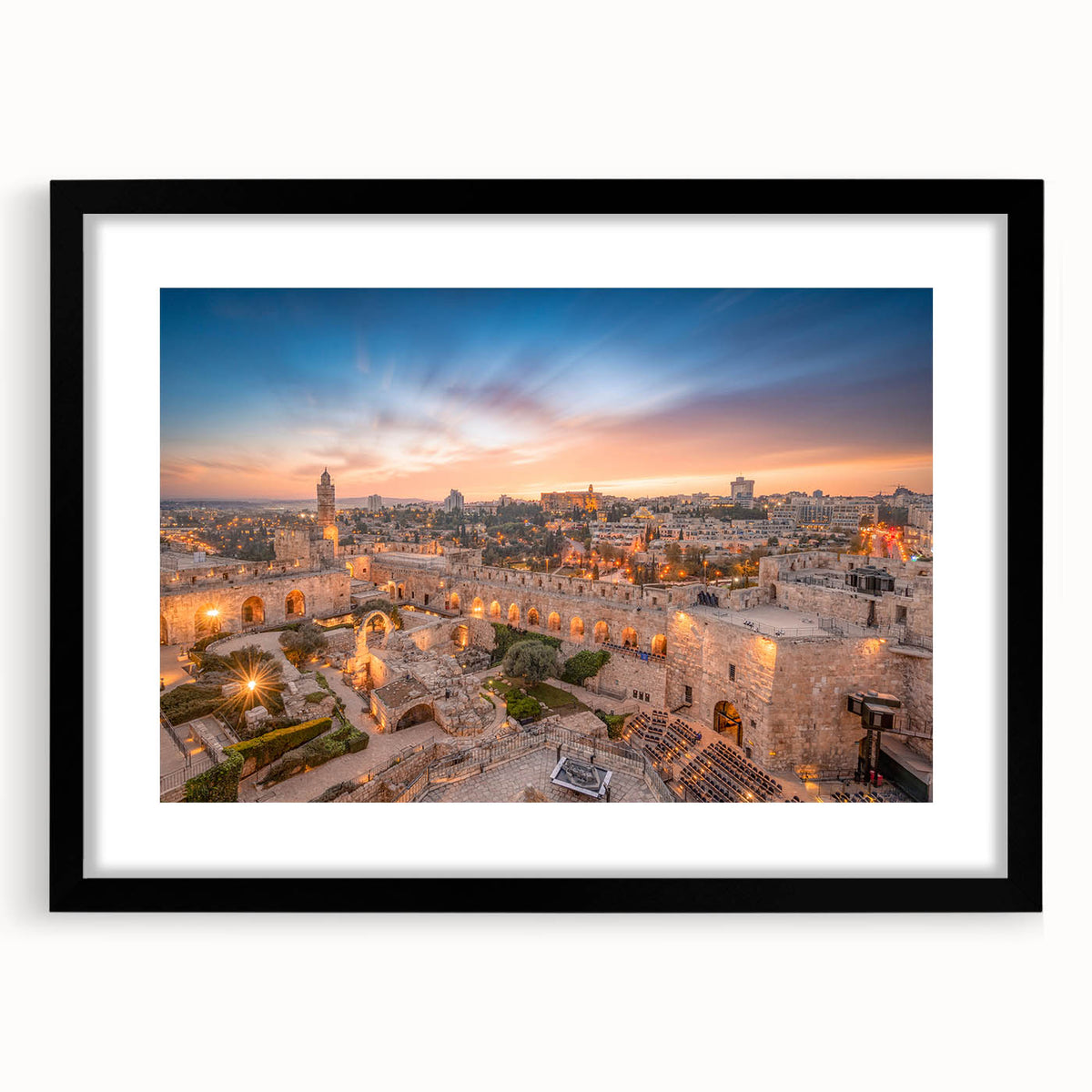 Extra large, colorful abstract art print of Jerusalem cityscape, textured on a black framed canvas.
