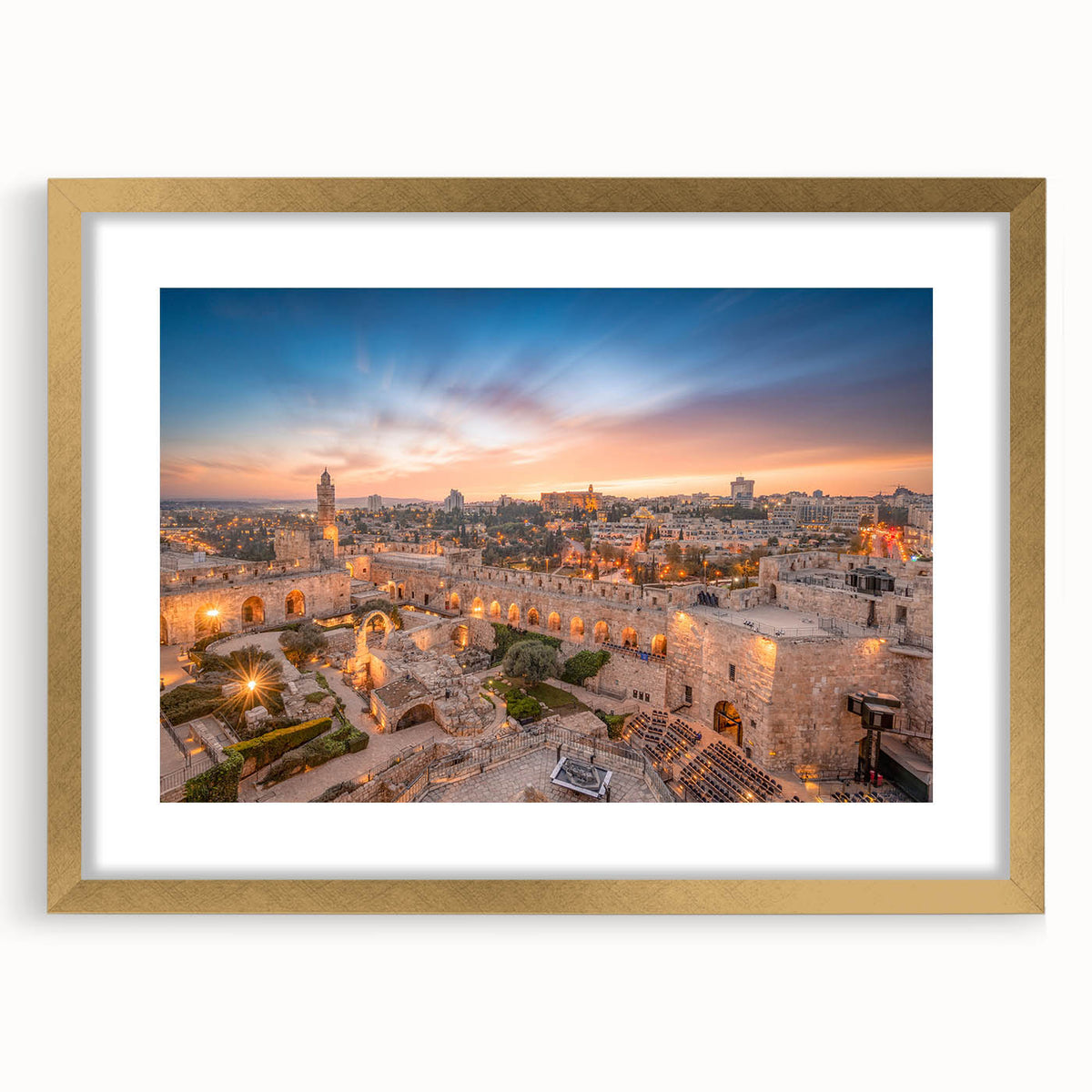 Extra large textured abstract art print depicting Jerusalem skyline in muted gold and beige tones on a framed canvas.