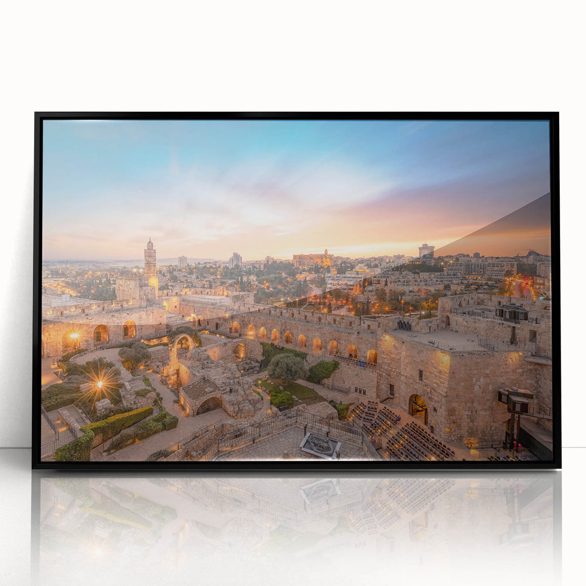 Large abstract wall art of Jerusalem skyline in muted earth tones on a framed acrylic, suitable for modern living room decor.