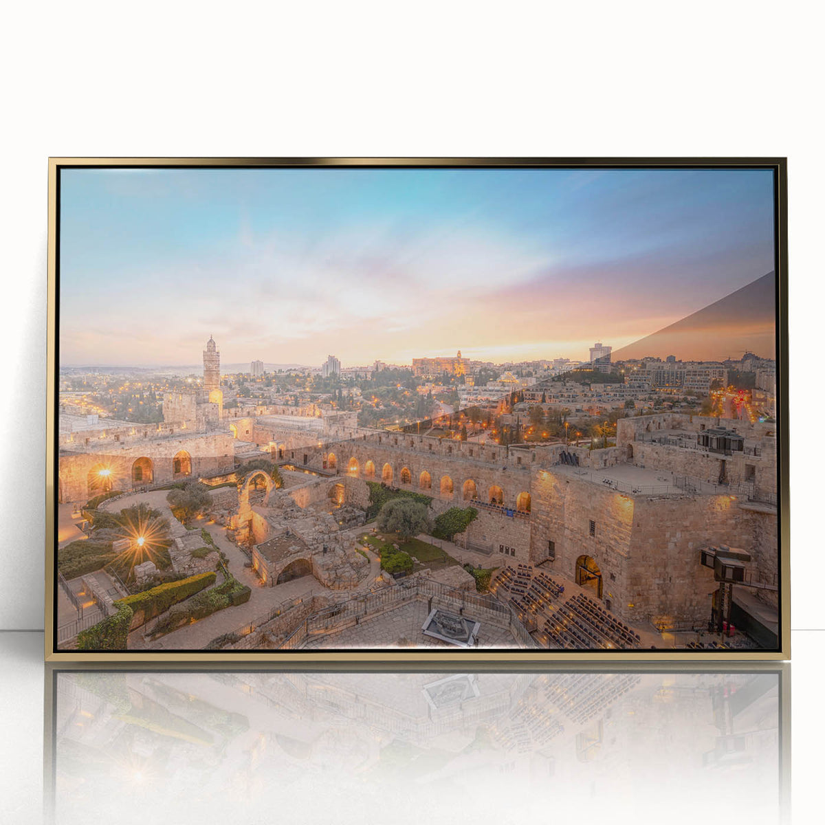 Framed acrylic print of Jerusalem cityscape in muted gold and blue tones, ideal for modern art wall decor.