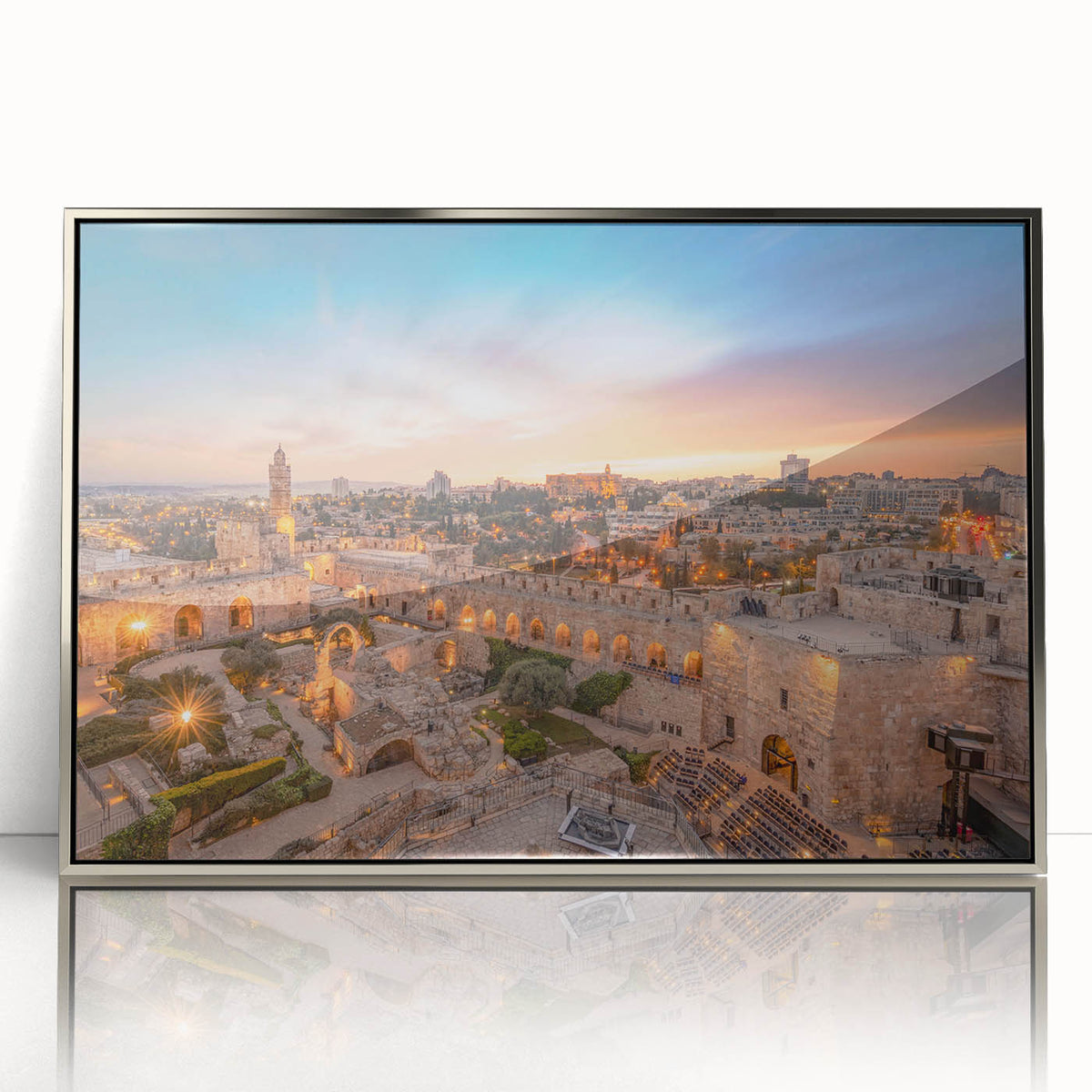 Mid-century modernist art of Jerusalem skyline in muted earth tones on a framed acrylic, suitable for nursery wall art.