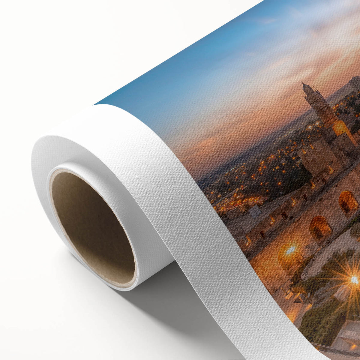 Art deco poster of Jerusalem skyline in muted gold and blue tones on rolled canvas, ideal for nursery wall art.