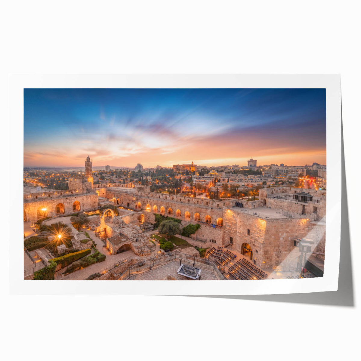 Extra large rolled print depicting Jerusalem's skyline in muted earth tones, ideal for dining room wall art.