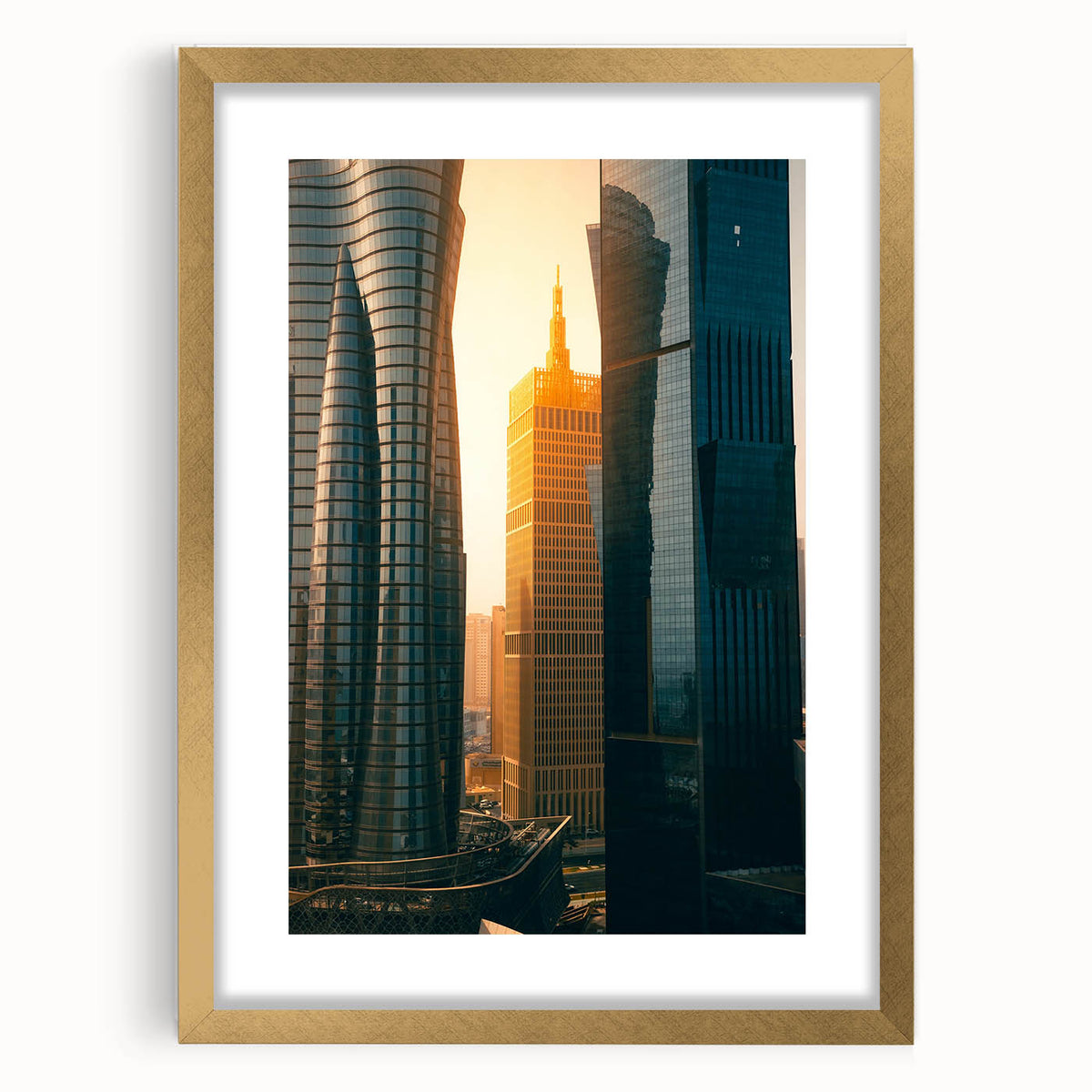 Extra large abstract art print depicting a Middle Eastern scenery in gold and beige tones, framed with mat.