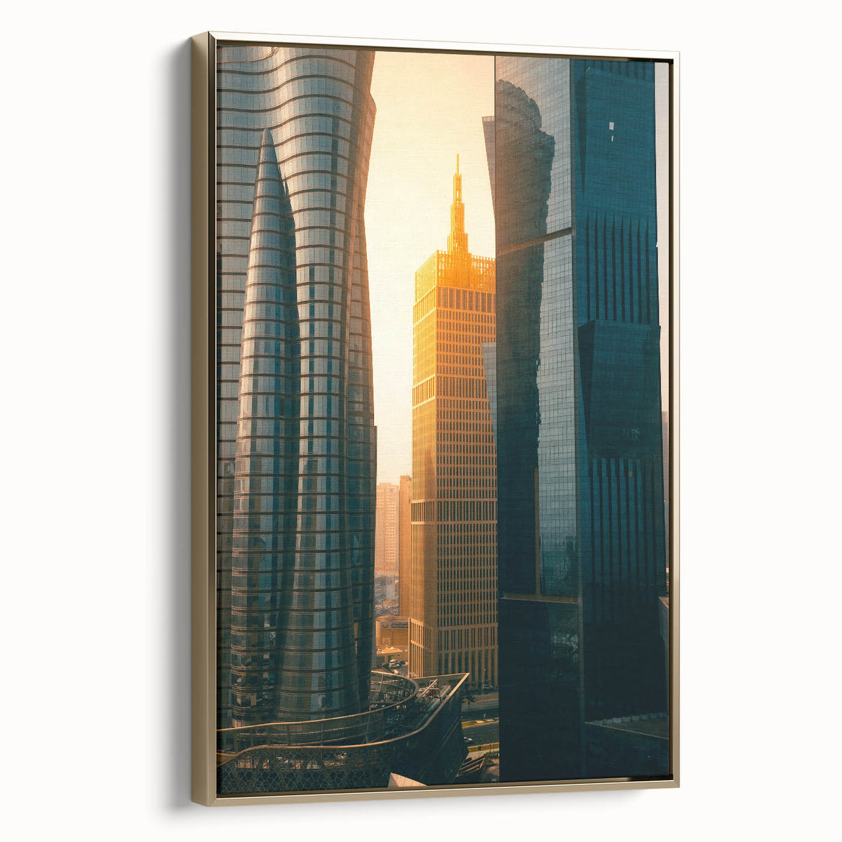 Framed canvas featuring a vintage-style landscape painting of Qatar with gold and black tones, ideal for bedroom wall decor.