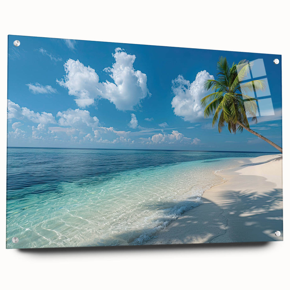 Acrylic glass print of Bora Bora seascape with turquoise waters and mountain backdrop.