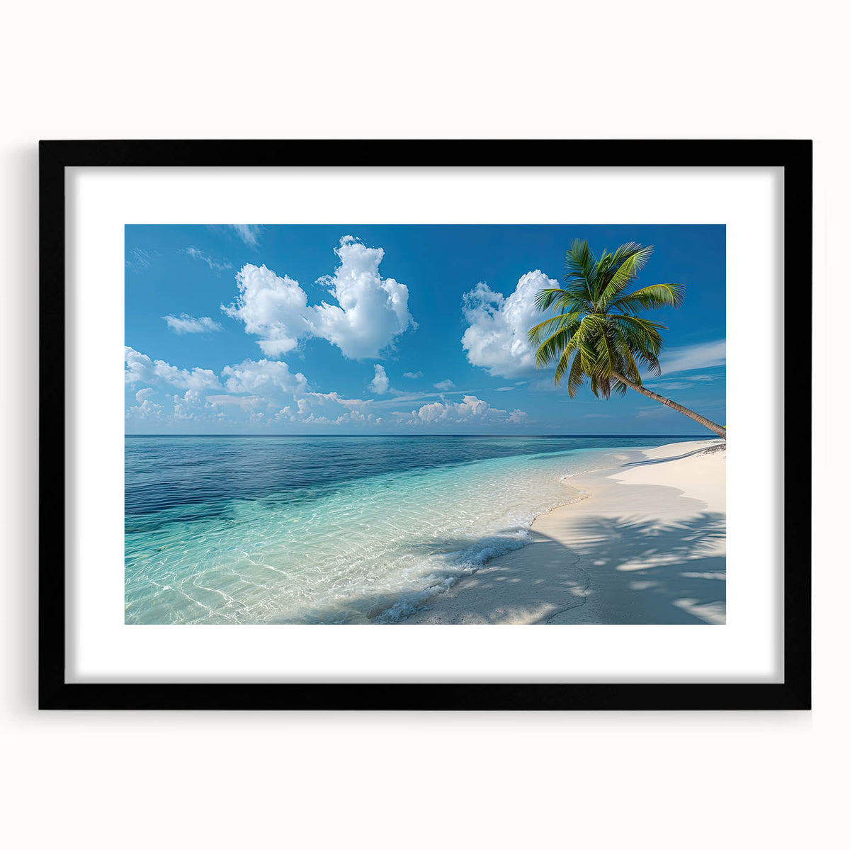 Extra large, textured abstract art print depicting a colorful Bora Bora scenery on a black framed canvas.