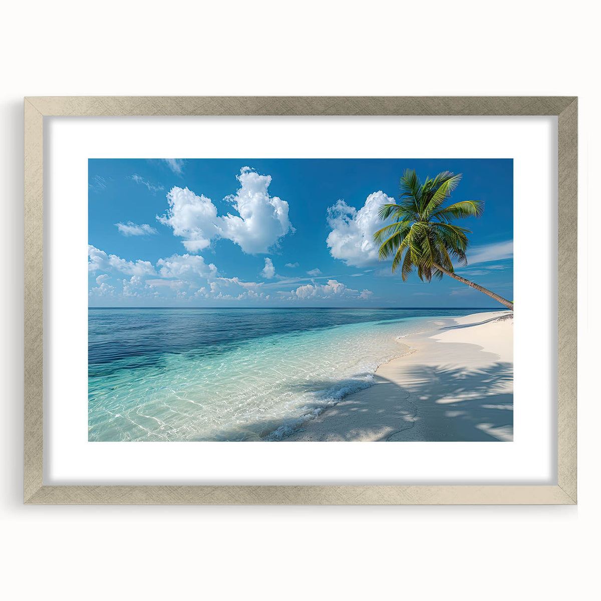 Textured art print of Bora Bora's landscape in muted blue and green tones on a framed canvas, suitable for bedroom décor.
