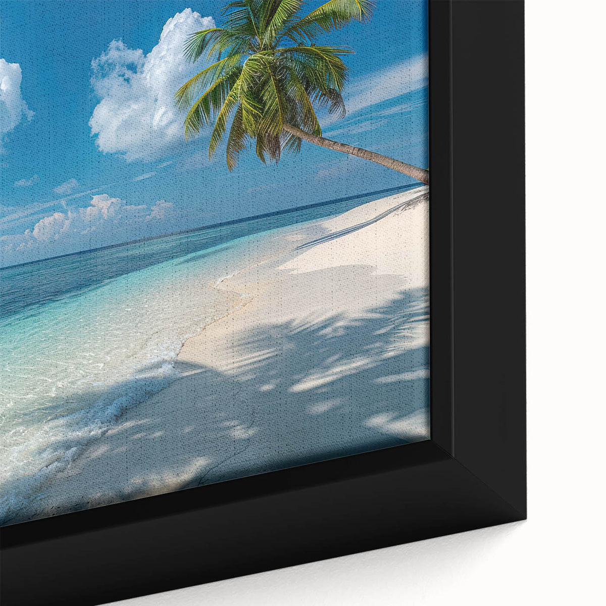 Framed canvas depicting a black textured art scene of Bora Bora with vibrant ocean and sky colors.